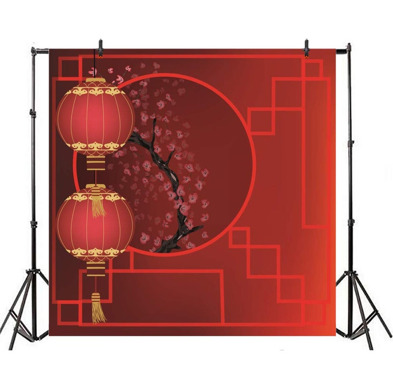 AOFOTO 5x5ft Chinese Lunar New Year Red Lanterns Backdrop Traditional Spring Festival Decoration Ancient Pane Window Plum Blossoms Red Photography Background Oriental Asian Theme Home Decor Props - Image 2